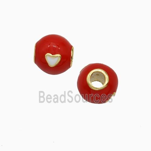 Copper Round Beads Red Enamel Heart Large Hole Gold Plated