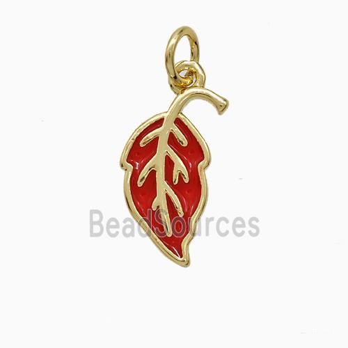 Copper Leaf Pendant Red Enamel Gold Plated
