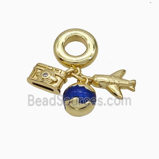 Camera And Airplane Earth Charms Copper Pendant Blue Painted Gold Plated