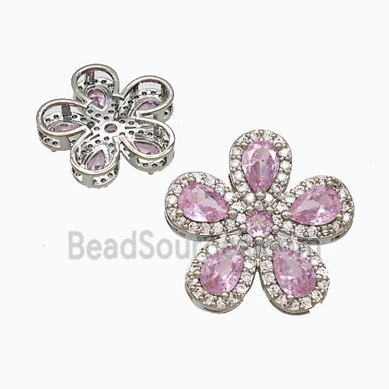 Copper Flower Pendant Pave Zirconia Pink Crystal Glass Platinum Plated