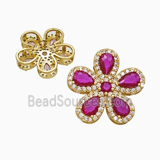 Copper Flower Pendant Pave Zirconia Fuchsia Crystal Glass Gold Plated