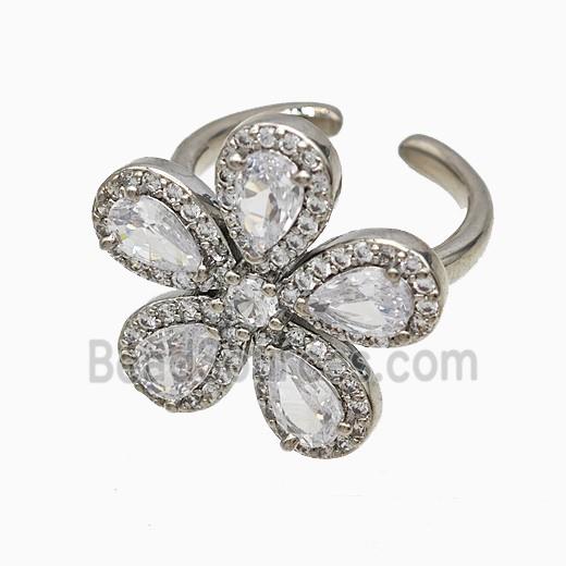 Copper Flower Rings Pave Zirconia Crystal Glass Platinum Plated