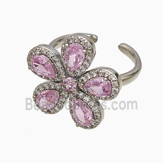 Copper Flower Rings Pave Zirconia Pink Crystal Glass Platinum Plated