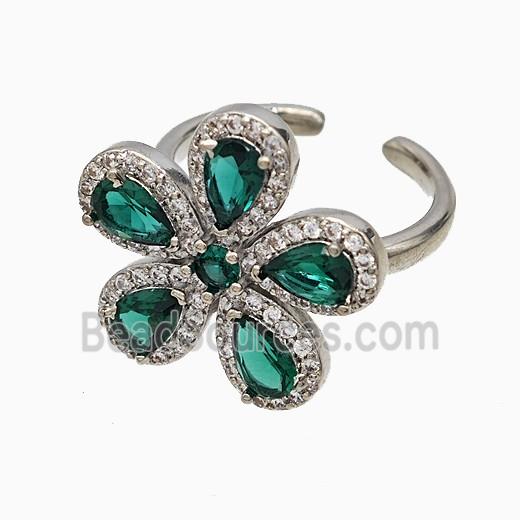 Copper Flower Rings Pave Zirconia Green Crystal Glass Platinum Plated