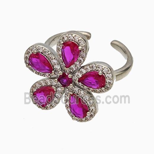 Copper Flower Rings Pave Zirconia Fuchsia Crystal Glass Platinum Plated