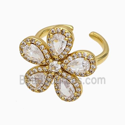 Copper Flower Rings Pave Zirconia Crystal Glass Gold Plated