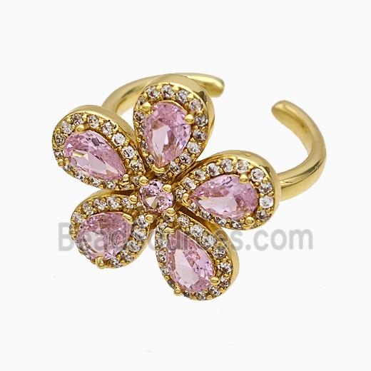Copper Flower Rings Pave Zirconia Pink Crystal Glass Gold Plated