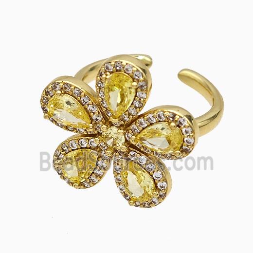 Copper Flower Rings Pave Zirconia Yellow Crystal Glass Gold Plated
