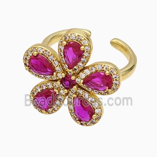 Copper Flower Rings Pave Zirconia Fuchsia Crystal Glass Gold Plated