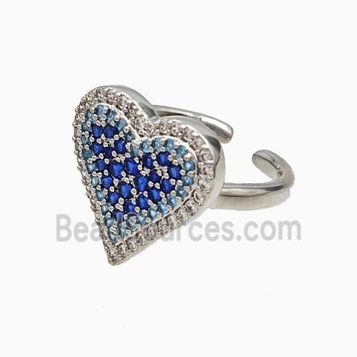 Copper Heart Rings Micropave Blue Zirconia Platinum Plated