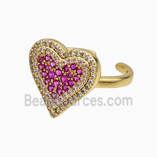 Copper Heart Rings Micropave Fuchsia Zirconia Gold Plated