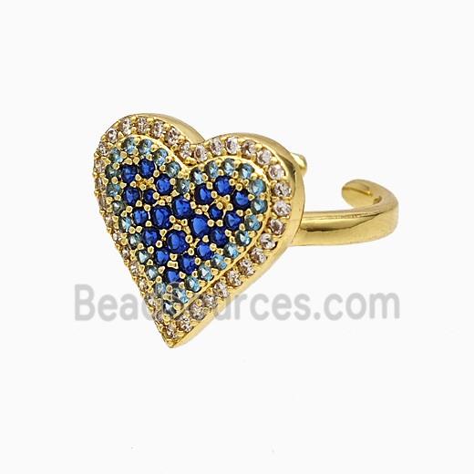 Copper Heart Rings Micropave Blue Zirconia Gold Plated