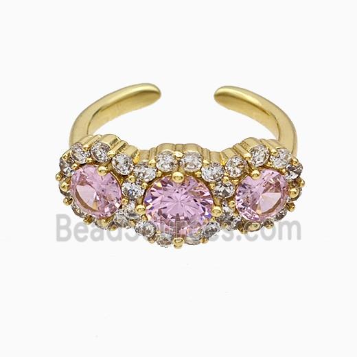 Copper Flower Rings Pave Zirconia Pink Crystal Glass Gold Plated