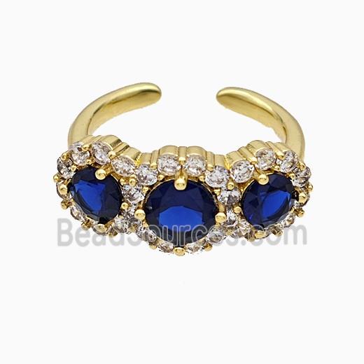 Copper Flower Rings Pave Zirconia Blue Crystal Glass Gold Plated