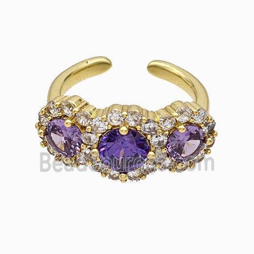 Copper Flower Rings Pave Zirconia Purple Crystal Glass Gold Plated