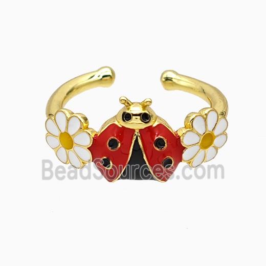 Copper Ladybug Rings Flower White Red Enamel Gold Plated