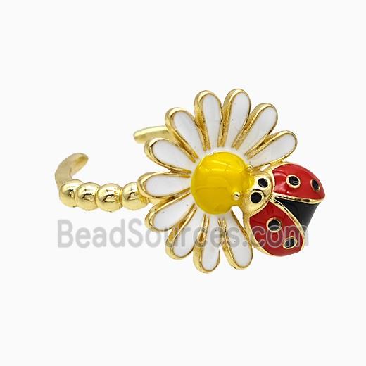 Copper Flower Ladybug Rings Red White Enamel Gold Plated