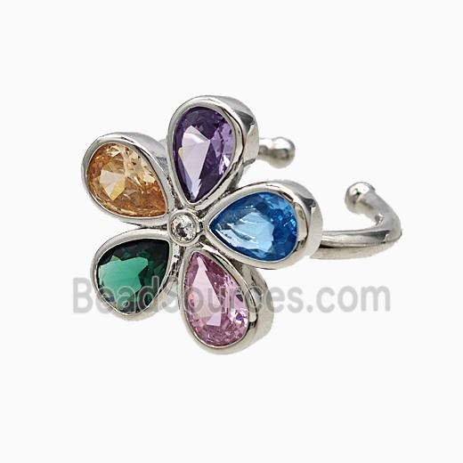 Copper Flower Rings Pave Multicolor Crystal Glass Platinum Plated