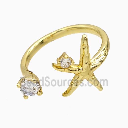 Copper Starfish Rings Pave Zirconia Gold Plated