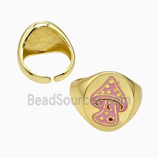 Copper Mushroom Rings Pink Enamel Gold Plated