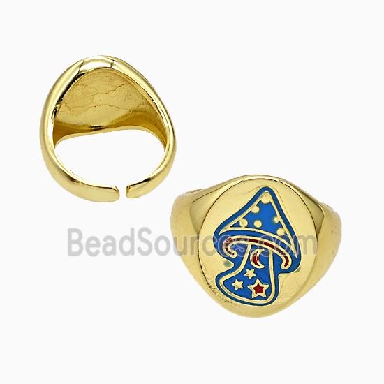 Copper Mushroom Rings Blue Enamel Gold Plated