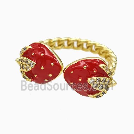 Copper Strawberry Rings Pave Zirconia Red Enamel Gold Plated
