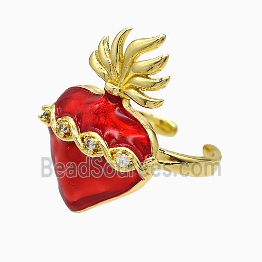 Copper Heart Rings Pave Zirconia Red Painted Gold Plated