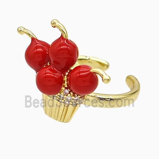 Copper Cherry Rings Pave Zirconia Red Enamel Gold Plated