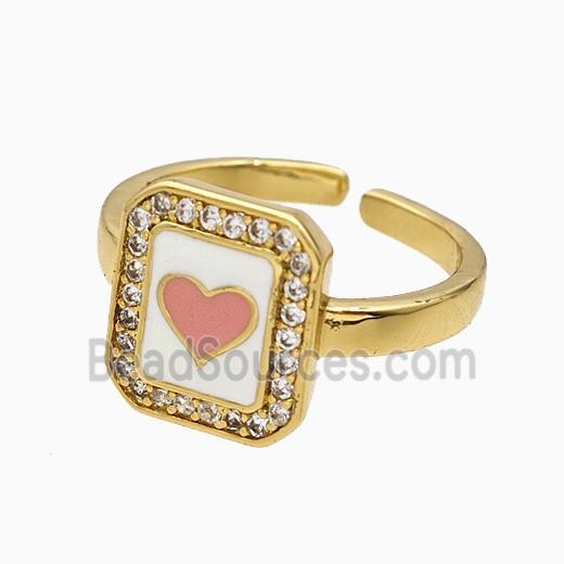 Copper Heart Rings Pave Zirconia Pink Enamel Gold Plated