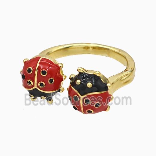 Copper Ladybug Rings Red Enamel Gold Plated