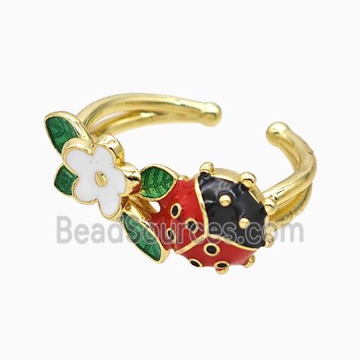 Copper Ladybug Rings Red Enamel Flower Gold Plated