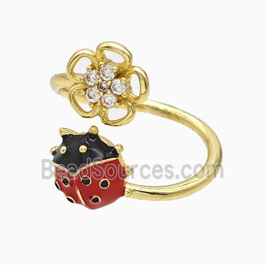 Copper Ladybug Rings Red Enamel Flower Gold Plated