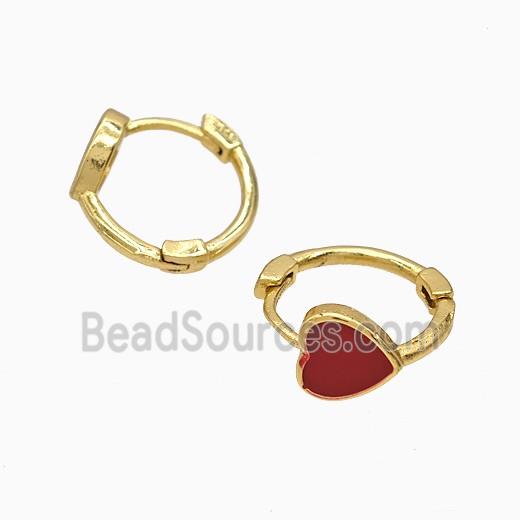 Copper Heart Hoop Earrings Red Enamel Gold Plated