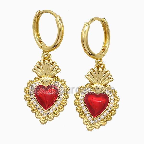 Copper Heart Hoop Earrings Pave Zirconia Red Painted Gold Plated