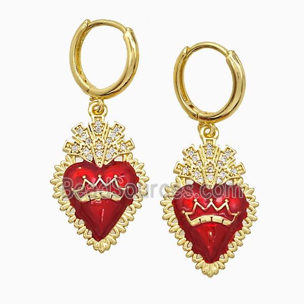 Copper Heart Hoop Earrings Pave Zirconia Red Painted Crown Gold Plated