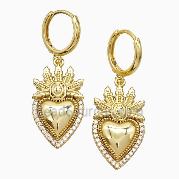 Copper Heart Hoop Earrings Pave Zirconia Leaf Gold Plated