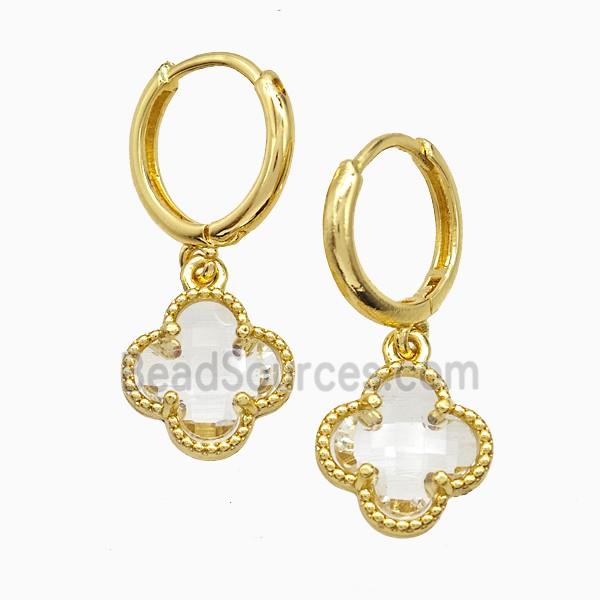 Copper Clover Hoop Earrings Pave Crystal Glass Gold Plated