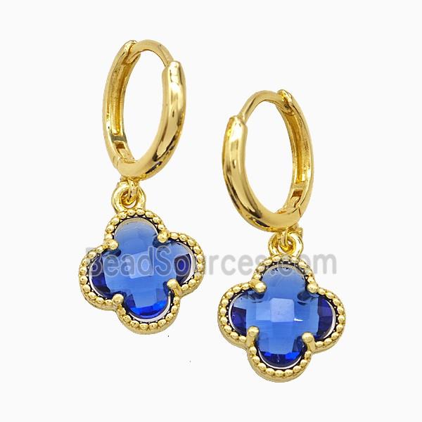 Copper Clover Hoop Earrings Pave Blue Crystal Glass Gold Plated