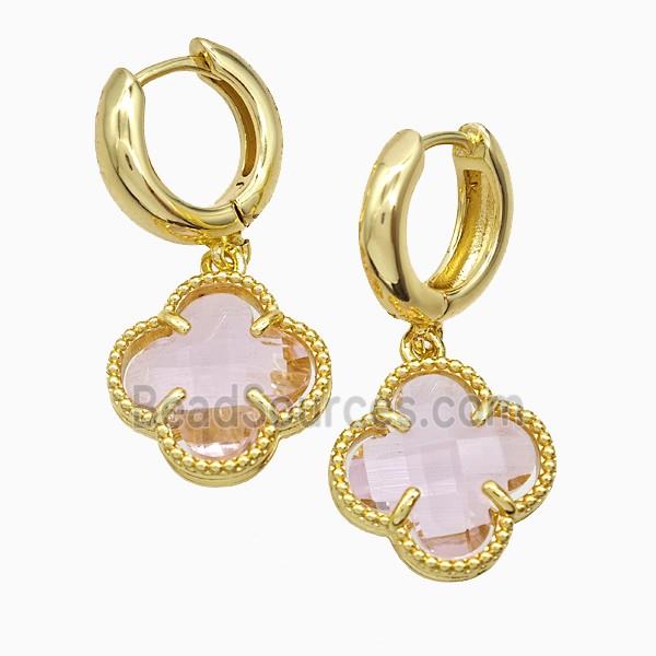 Copper Clover Hoop Earrings Pave Pink Crystal Glass Gold Plated