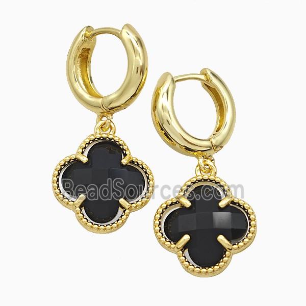 Copper Clover Hoop Earrings Pave Black Crystal Glass Gold Plated