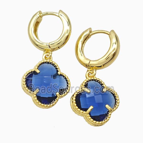 Copper Clover Hoop Earrings Pave Blue Crystal Glass Gold Plated
