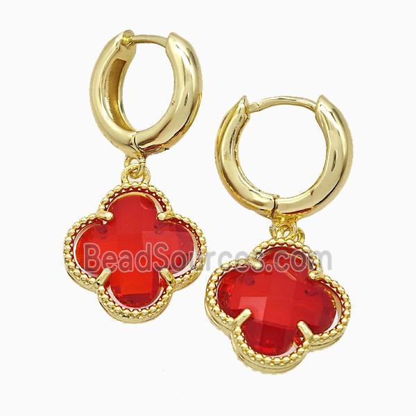 Copper Clover Hoop Earrings Pave Red Crystal Glass Gold Plated
