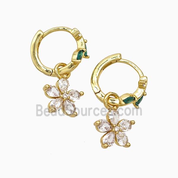 Copper Flower Hoop Earrings Pave Crystal Glass Gold Plated