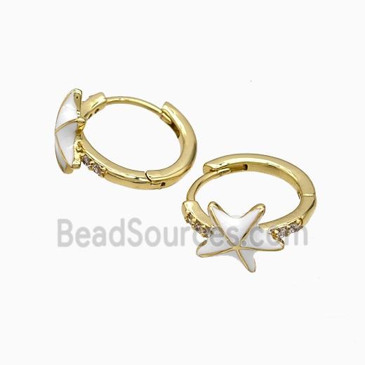 Copper Starfish Hoop Earrings White Enamel Gold Plated