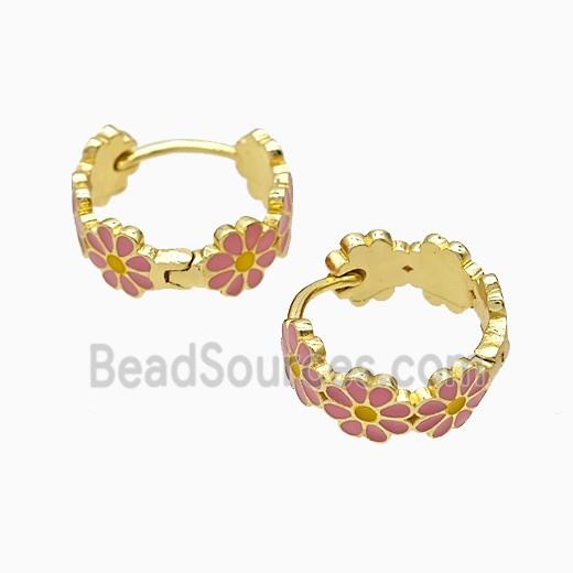 Copper Flower Hoop Earrings Pink Enamel Gold Plated