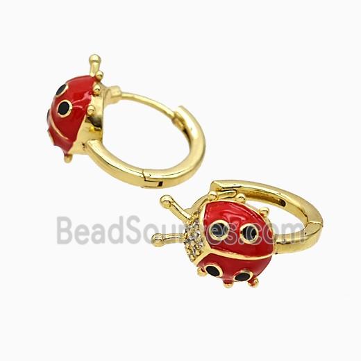 Copper Ladybug Hoop Earrings Pave Zirconia Red Enamel Gold Plated