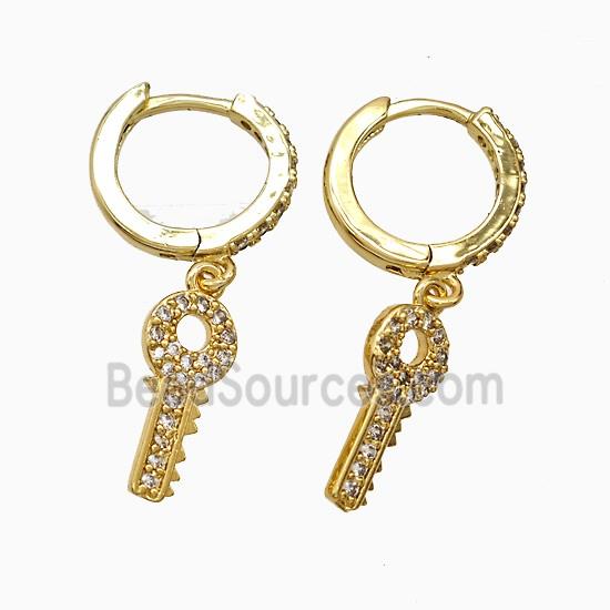 Copper Key Hoop Earrings Pave Zirconia Gold Plated