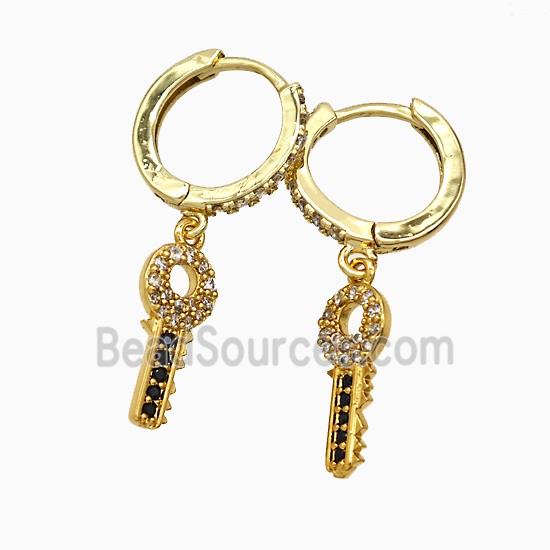 Copper Key Hoop Earrings Pave Zirconia Gold Plated