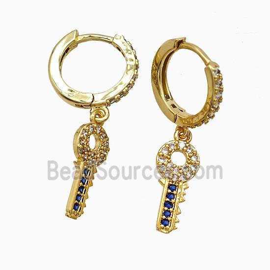 Copper Key Hoop Earrings Pave Zirconia Gold Plated