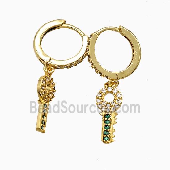 Copper Key Hoop Earrings Pave Zirconia Gold Plated